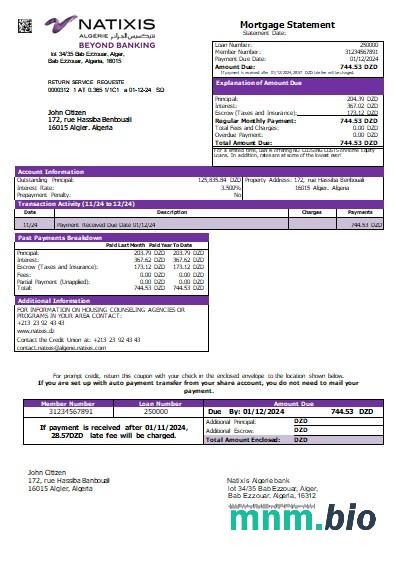 Algieria Bank Natixis Algieria wyciąg z kredytu hipotecznego szablon Word i PDF